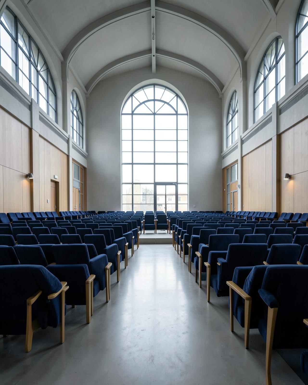 Empty institutional assembly chamber with tall arched windows