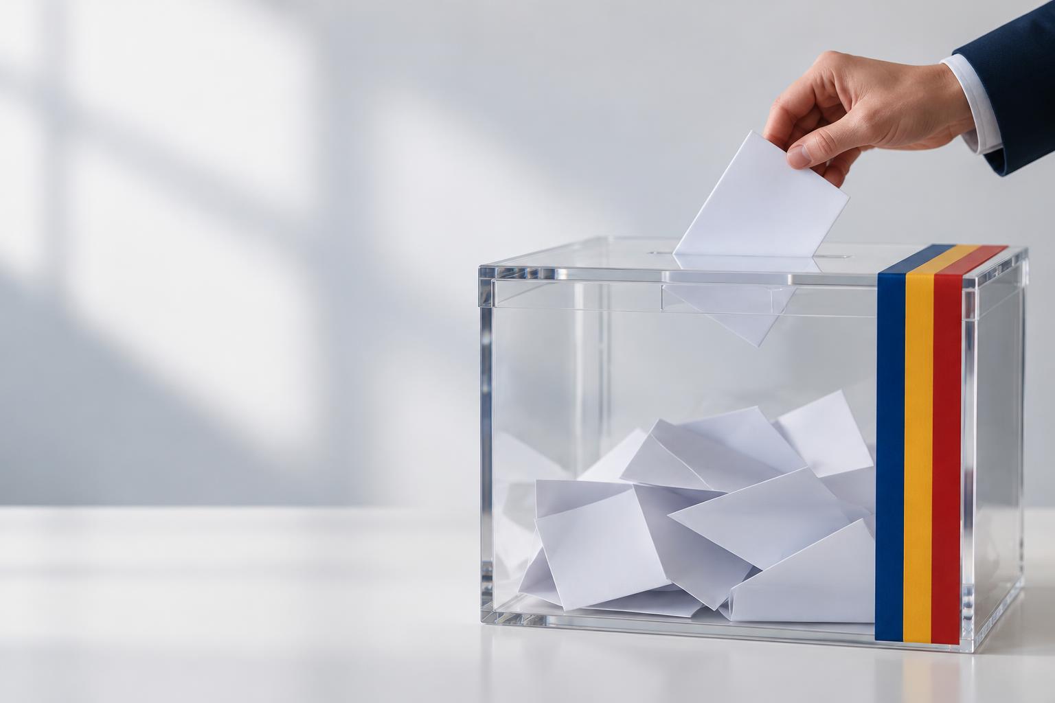 Illustrative ballot box with a blue, yellow and red ribbon for the Moldova parliamentary election publication